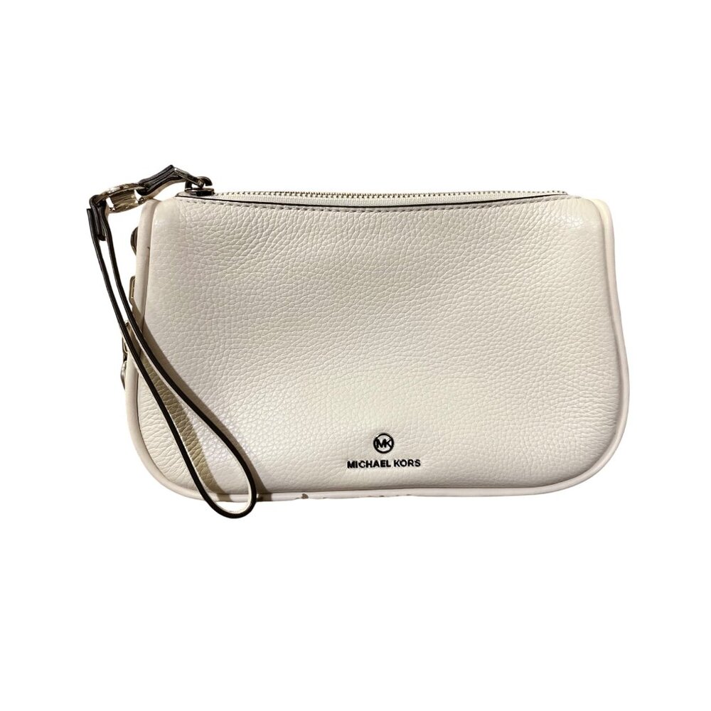 Michael Kors Small Cream Pebbled Leather Purse Wristlet Strap Silver HW Used - Picture 15 of 16